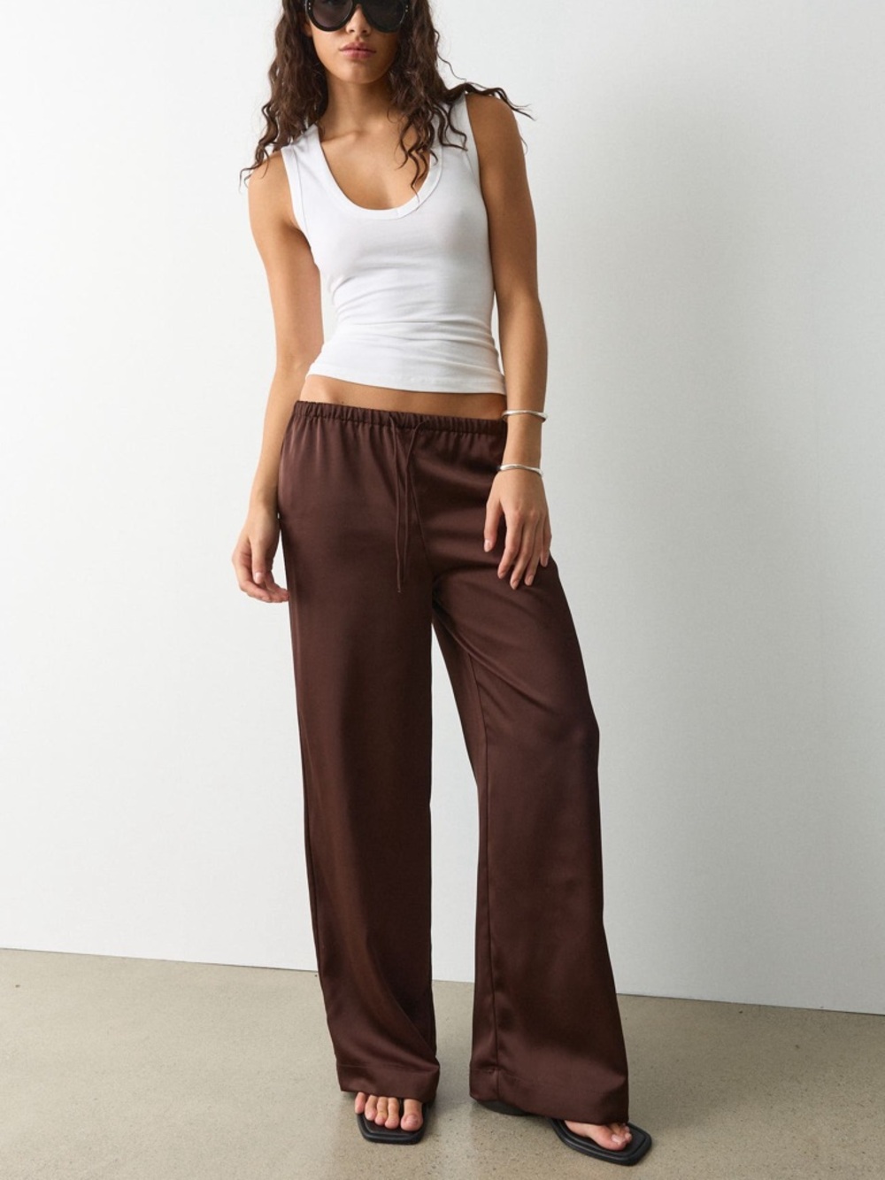 Glassons Chocolate Brown Satin Wide Leg Pants Drawstring Waist Size 8